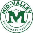 Logo of Mid-Valley Veterinary Hospital featuring a green letter "M" with silhouettes of a cow, dog, and cat inside. The words "Mid-Valley Veterinary Hospital" are written in a circular layout around the "M.
