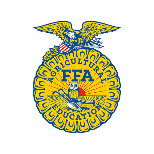 The FFA emblem features an eagle perched on a shield, symbolizing the national scope of FFA. The shield is surrounded by a wreath of corn and displays a plow, rising sun, and owl—symbols of labor, progress, and knowledge. With roots in agricultural education, it also emphasizes careers like veterinarians.