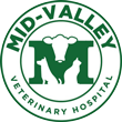 Logo of Mid-Valley Veterinary Hospital featuring a green letter "M" with silhouettes of a cow, dog, and cat inside. The words "Mid-Valley Veterinary Hospital" are written in a circular layout around the "M.