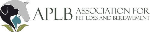 Logo for the Association for Pet Loss and Bereavement (APLB), featuring silhouettes of a dog, horse, and cat above two green leaves, with the organization's name to the right.