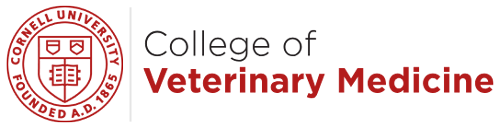 Logo of Cornell University College of Veterinary Medicine, featuring the university seal on the left and the college name in black and red text on the right.