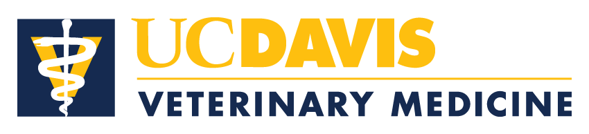 UC Davis Veterinary Medicine logo featuring a yellow caduceus in a blue triangle on the left and the words “UC DAVIS Veterinary Medicine” in yellow and blue on the right.